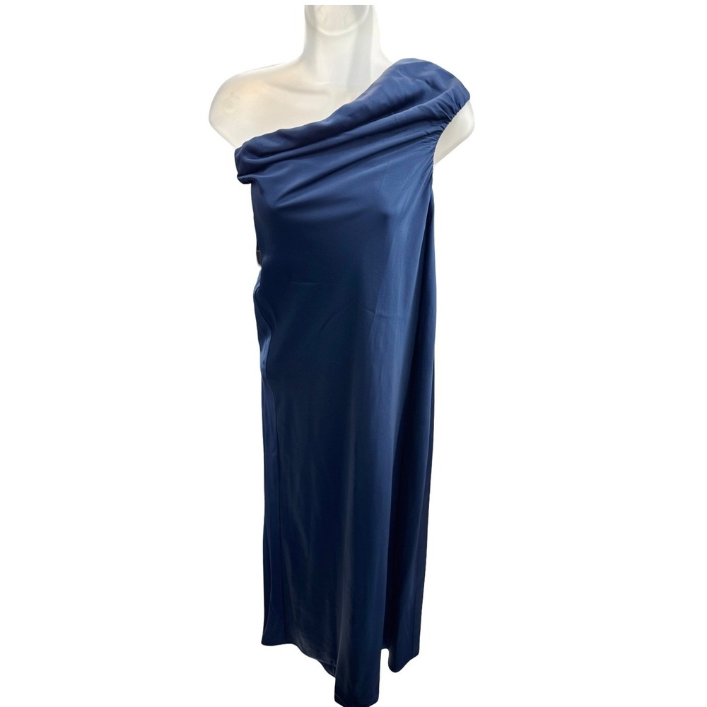 Reformation One Shoulder Draped‎ Midi Dress XS Navy Blue Naia Acetate